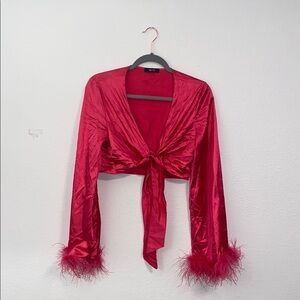 Pink Satin Tie-Front Top with Feather Cuffs